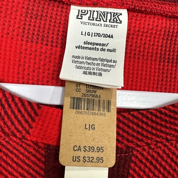 VICTORIA'S SECRET PINK COZY LONG SLEEVE SLEEP TEE PAJAMA TOP red plaid sz L NWT - Picture 2 of 5